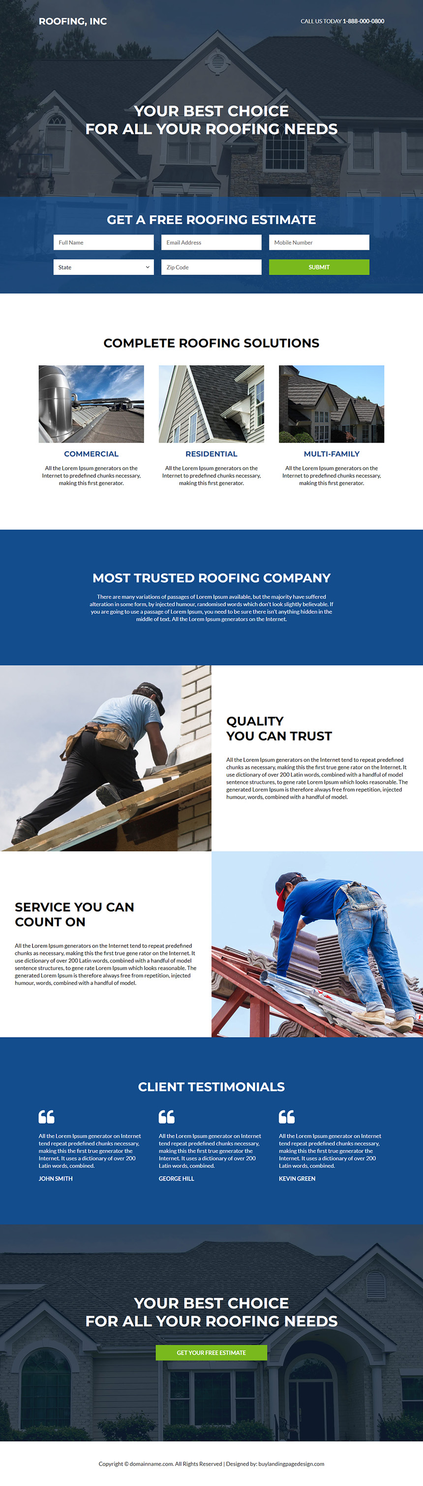 roofing and restoration service free estimate responsive landing page