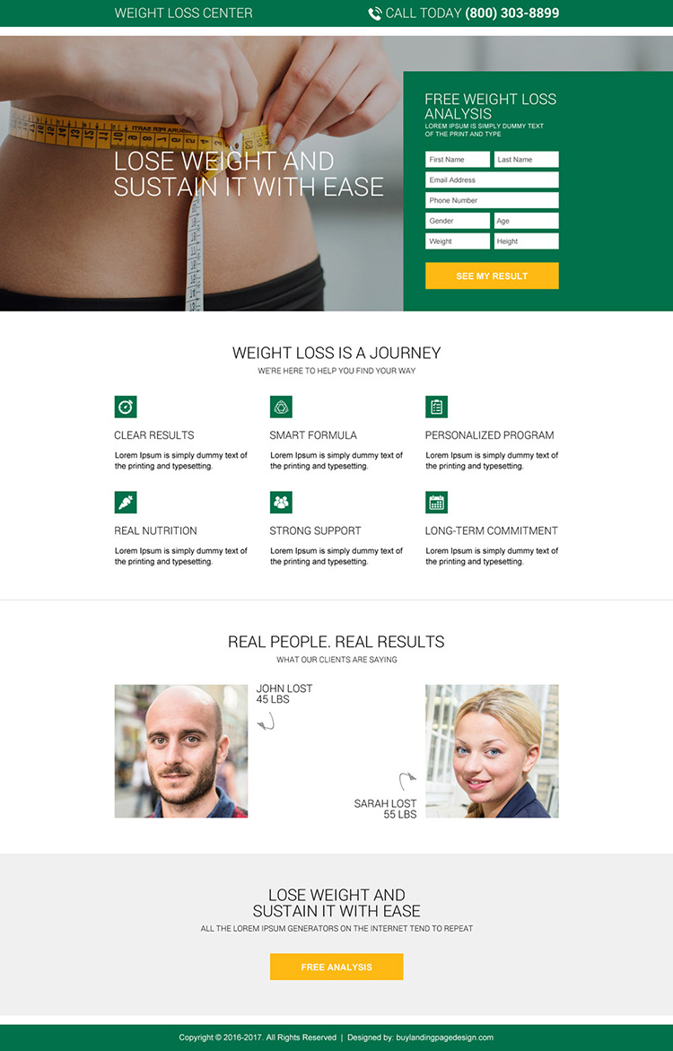free weight loss analysis landing page design