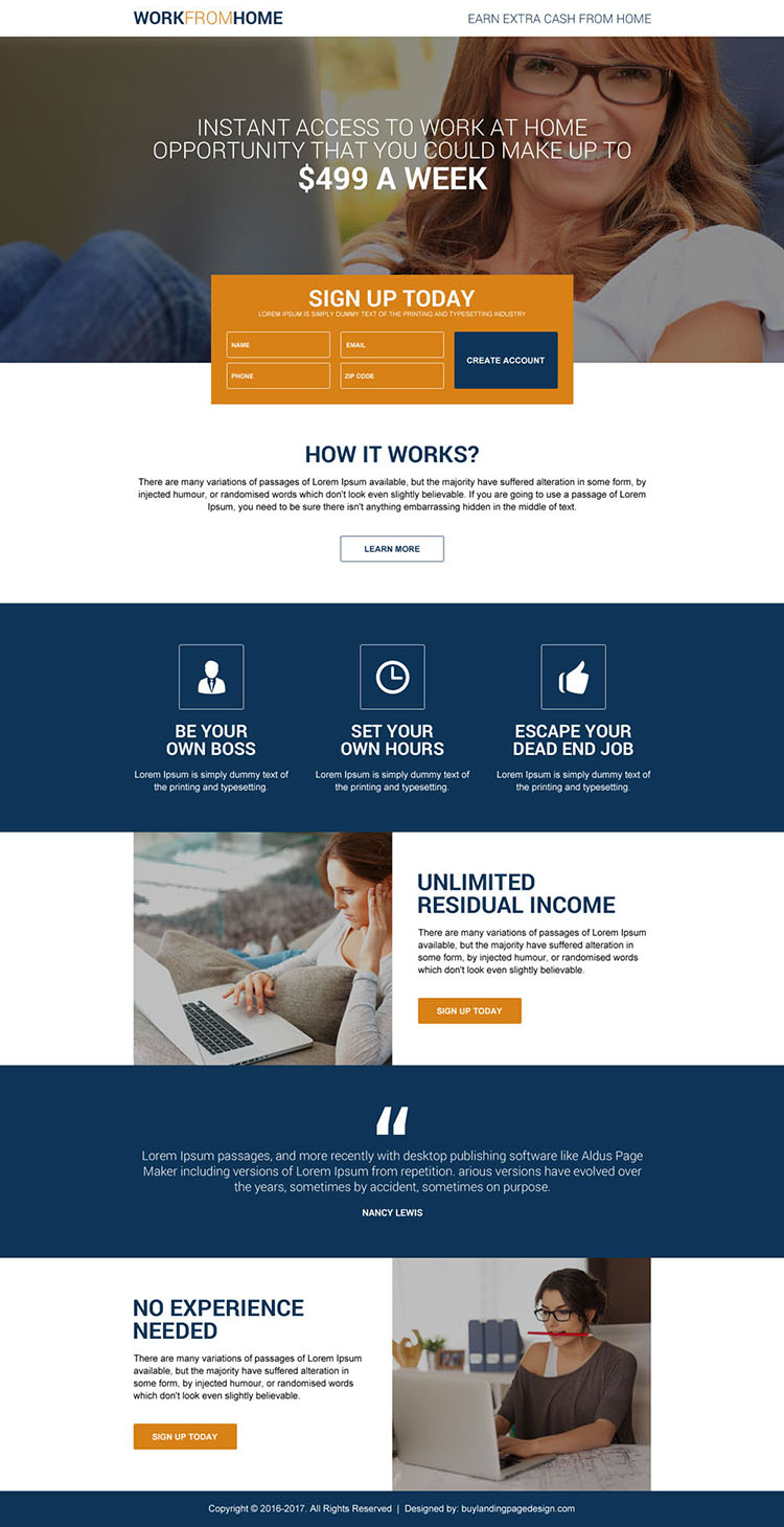 full time work from home job sign up generating landing page
