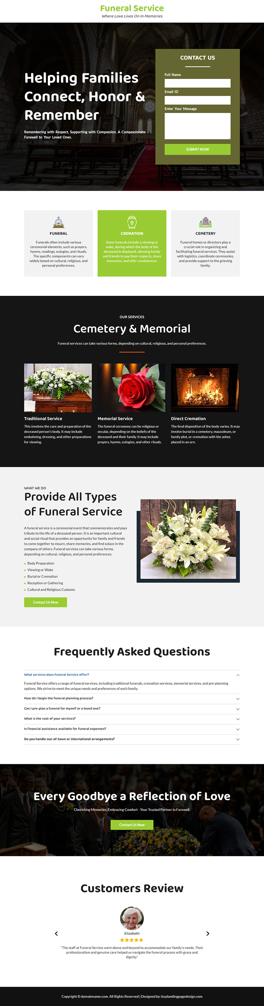 minimal funeral services landing page design