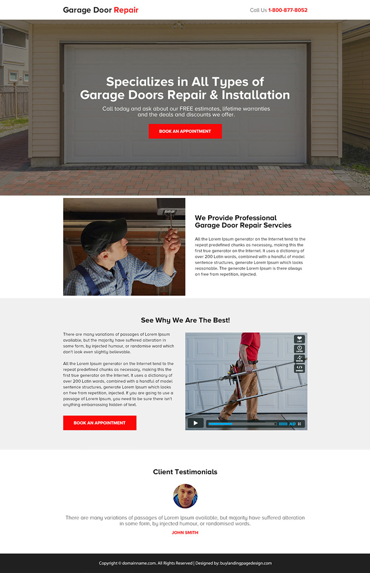 garage door repair and installation bootstrap landing page