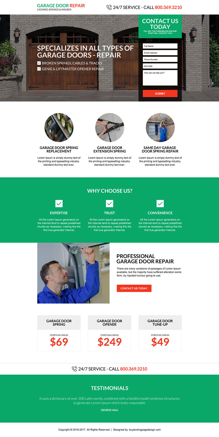 responsive garage door repair service landing page design