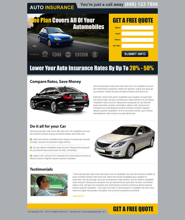 one plan for all your automobiles free quote clean and converting landing page