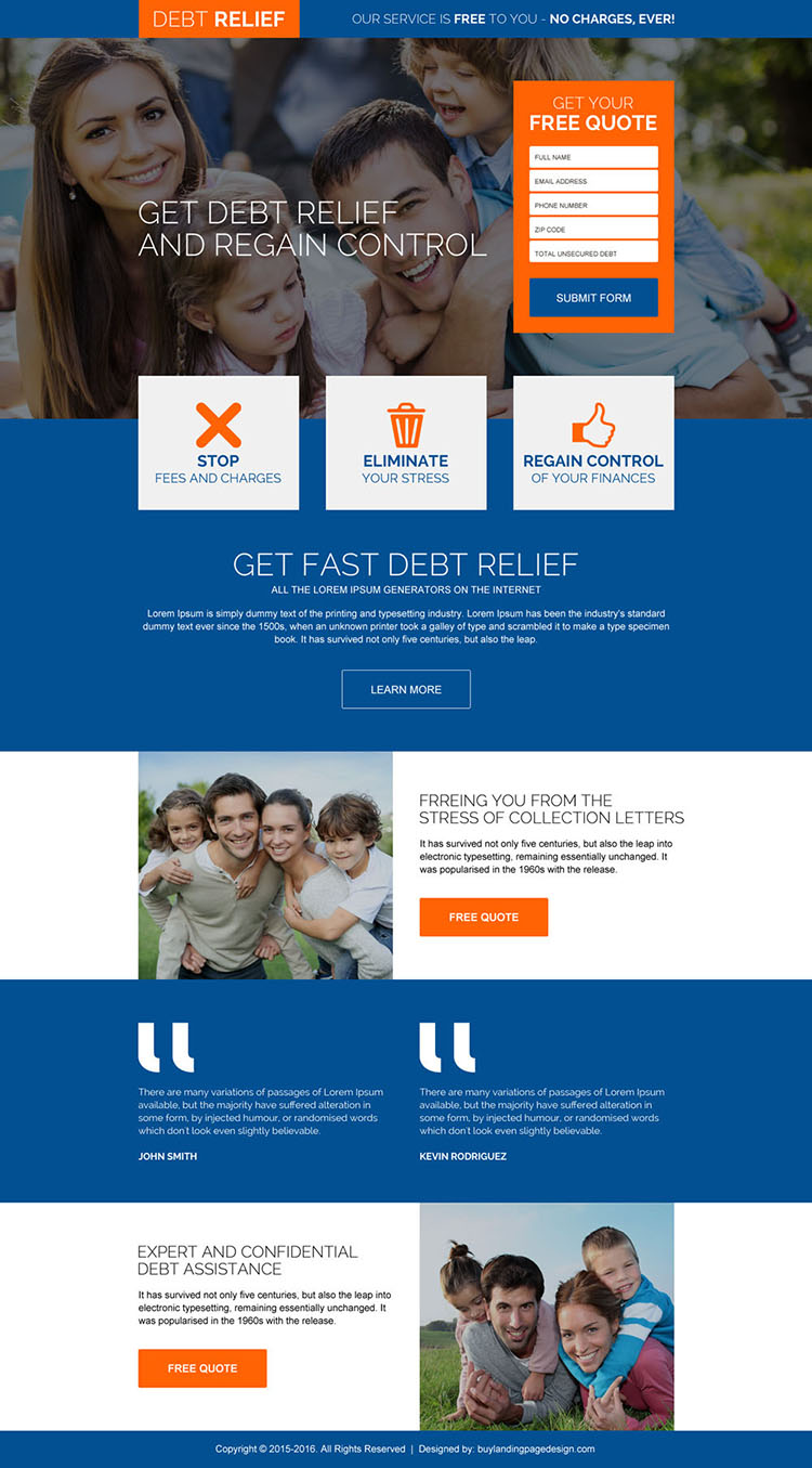 fast debt relief free quote responsive landing page design