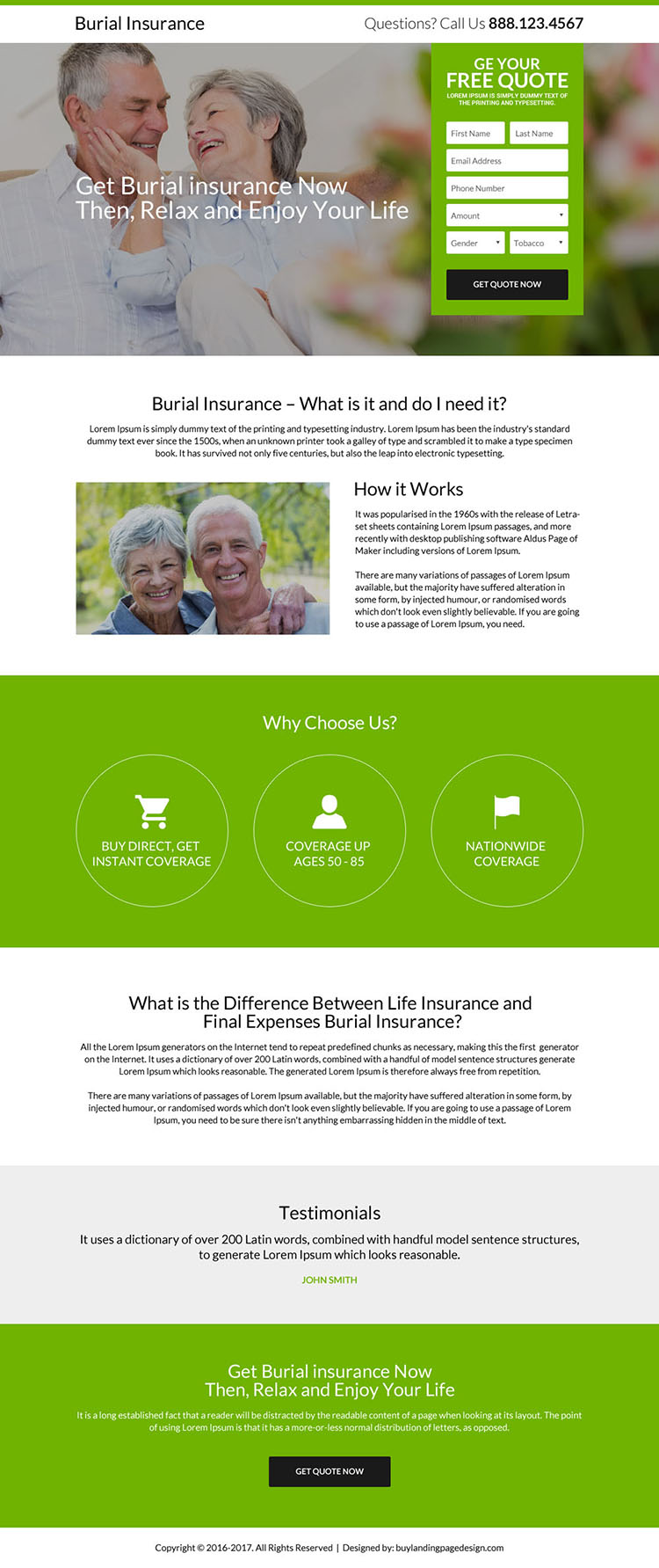 clean email capturing burial insurance landing page design