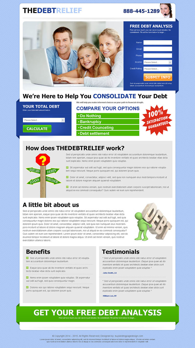 the debt relief clean and converting lead capture landing page design template