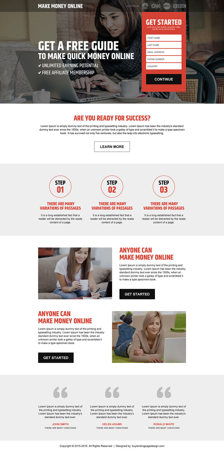 free guide to making money online landing page design