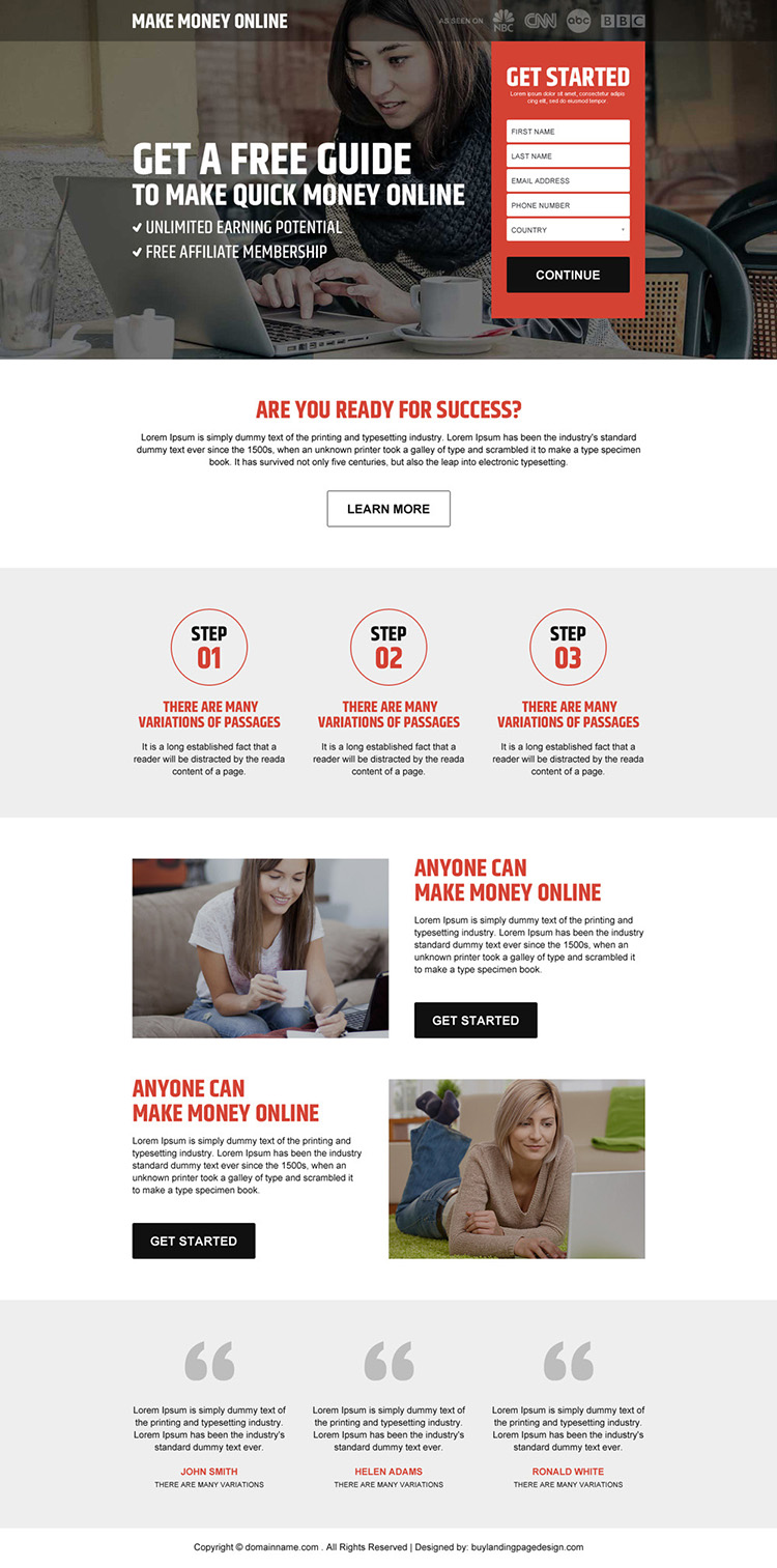 free guide to make money online responsive landing page