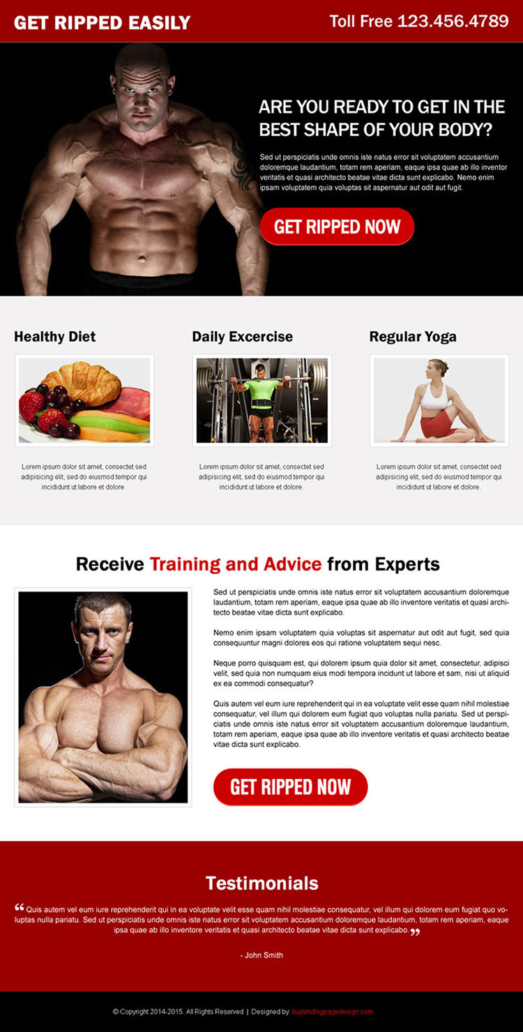 get in the best shape of your body with expertise training and healthy diet call to action landing page
