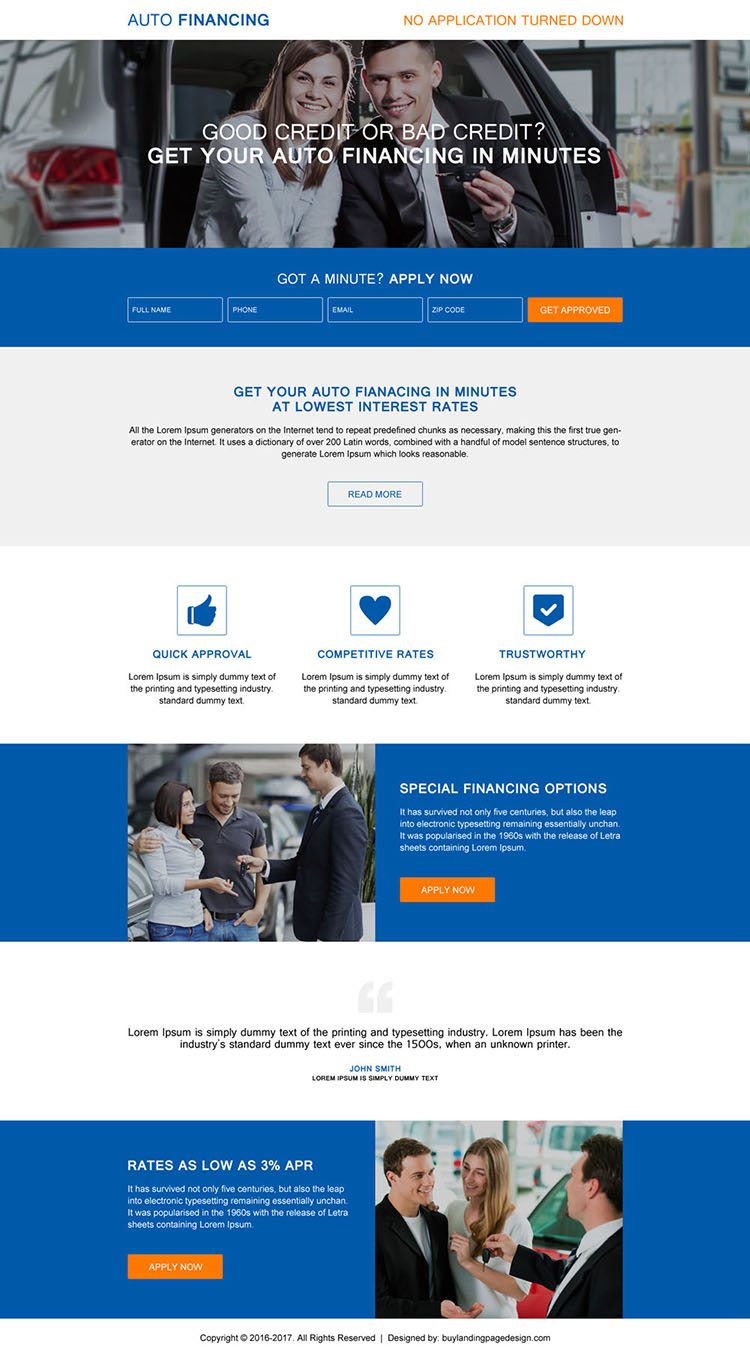 modern auto financing lead generating landing page design