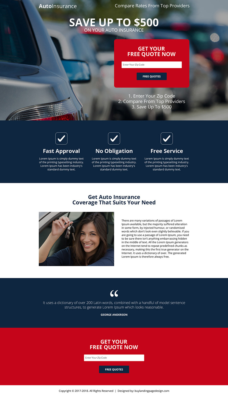 responsive auto insurance free quote capturing landing page