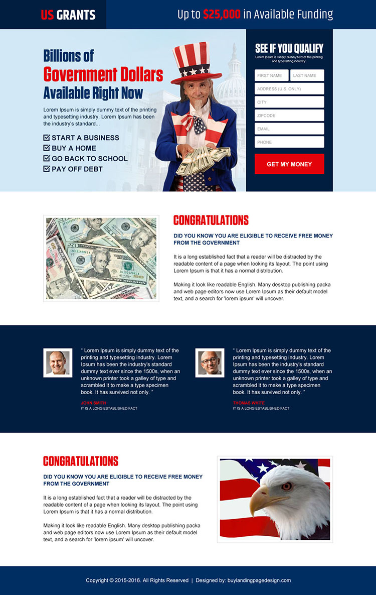 get your government grants money lead gen landing page