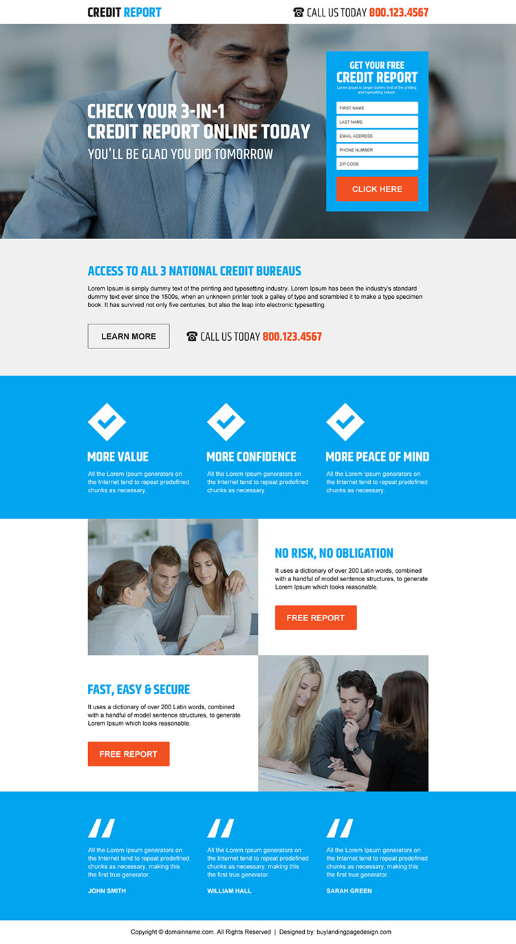 responsive credit report lead generating landing page