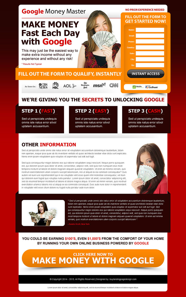 google money master information and converting landing page design template