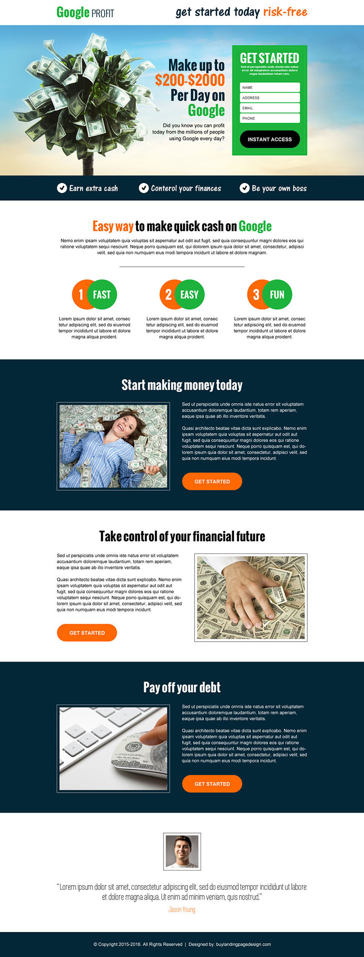 google money in cash responsive landing page design template