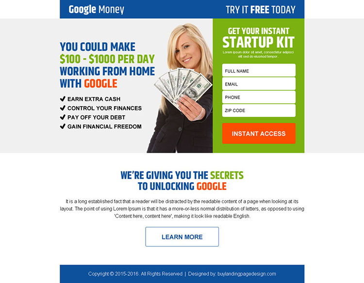 google money startup kit lead gen ppv landing page design