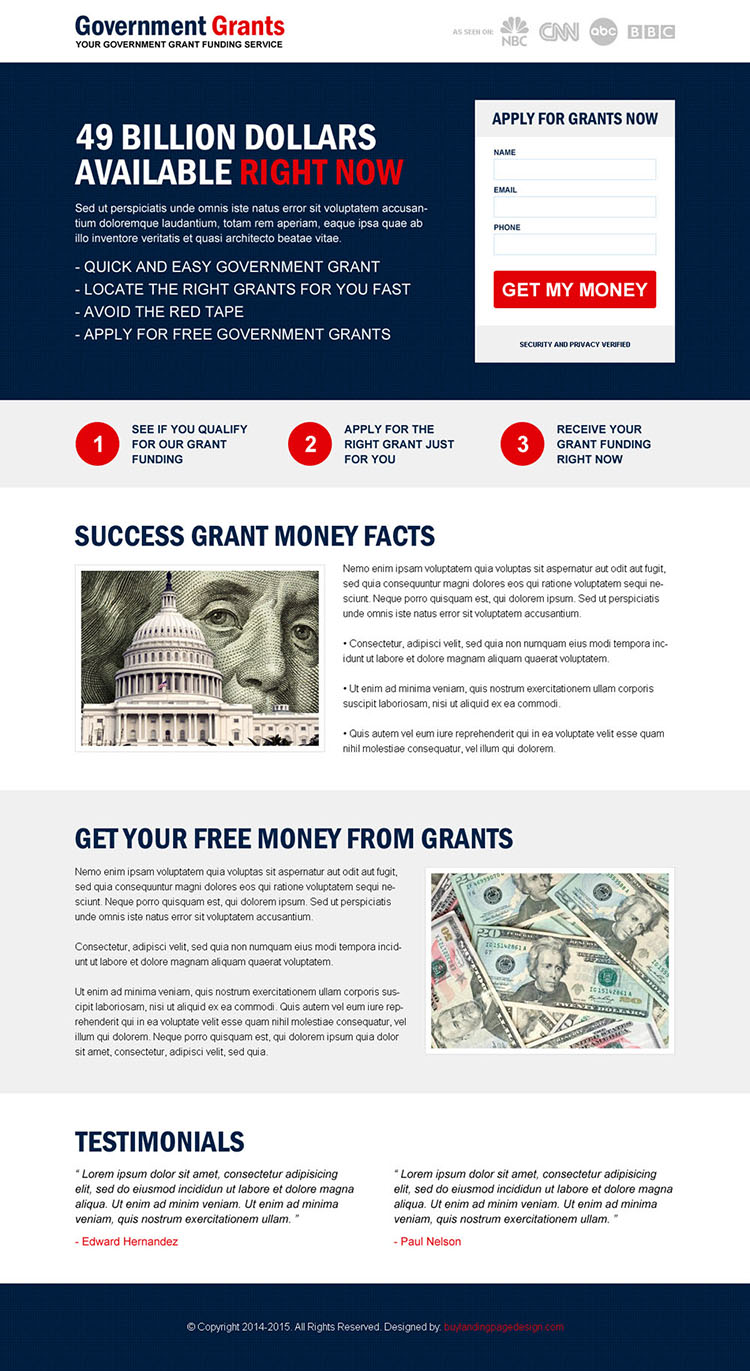 responsive government grants funding service landing page