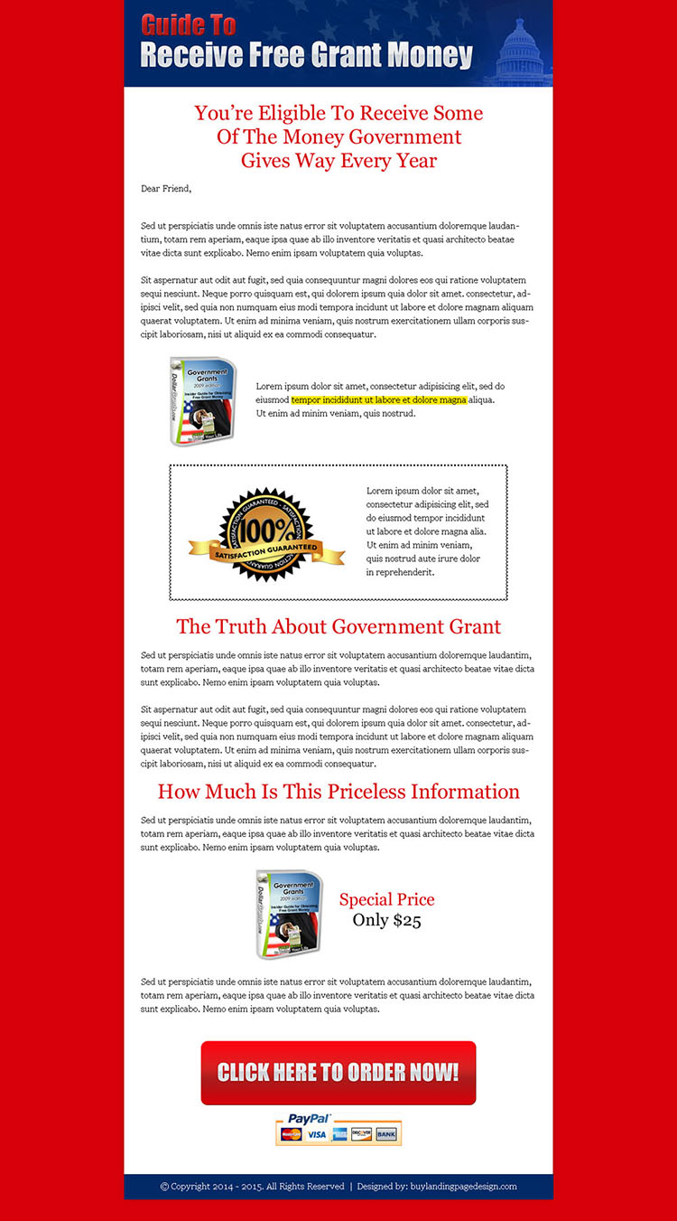 guide to receive free grant money long call to action sales page design