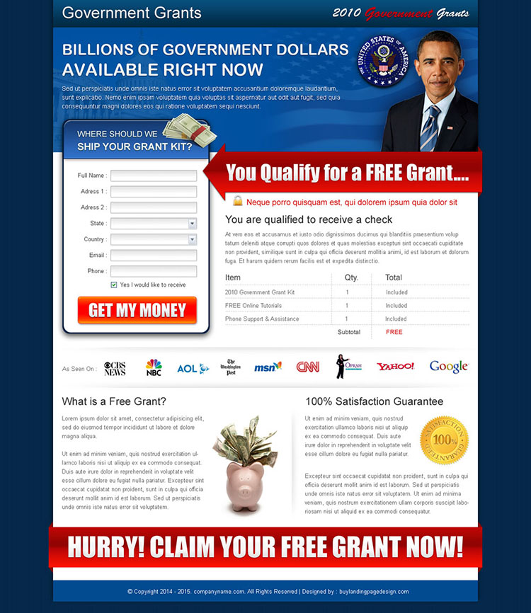 get free government grants squeeze page design