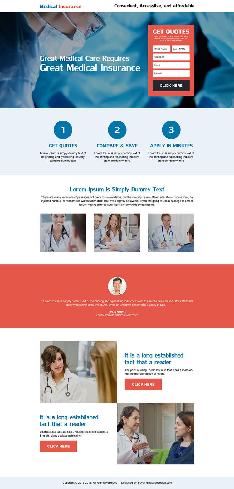 great medical insurance landing page with small lead magnet form for capturing effective leads