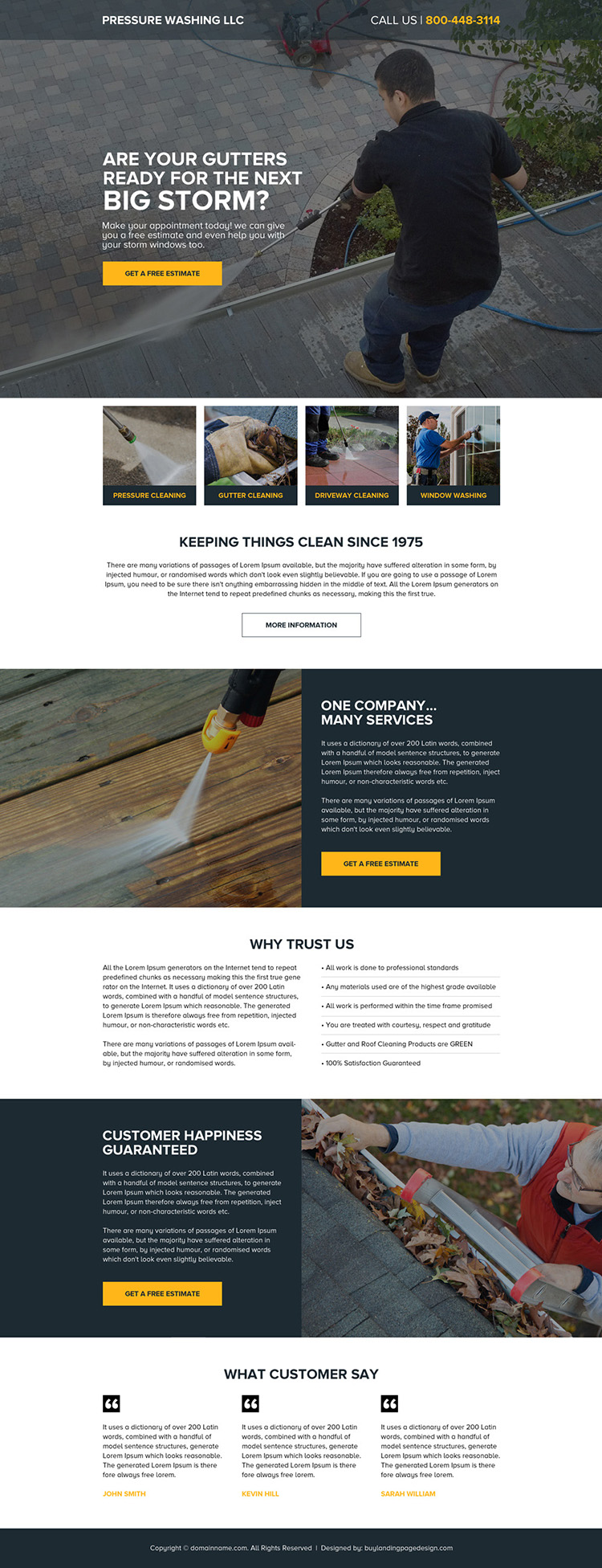 responsive gutter pressure washing service landing page design