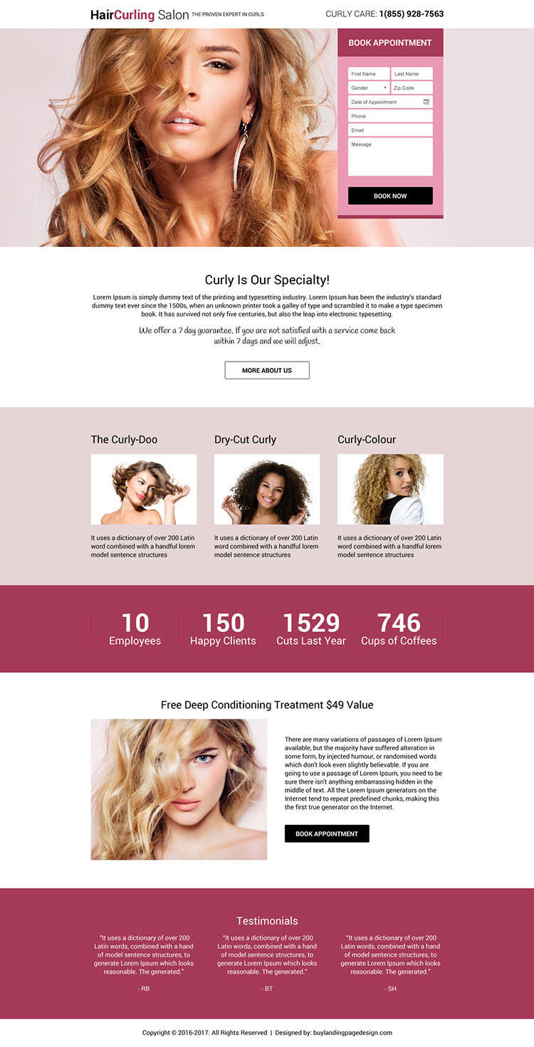 responsive hair curling salon online appointment booking landing page