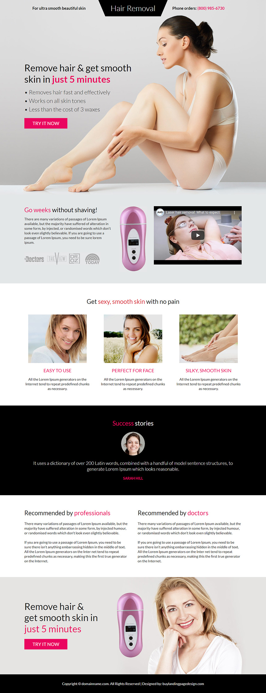 hair removal product responsive landing page
