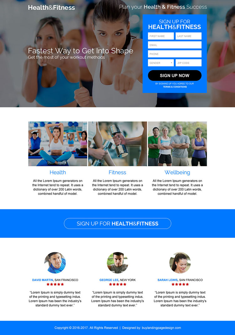health and fitness sign up capturing landing page design