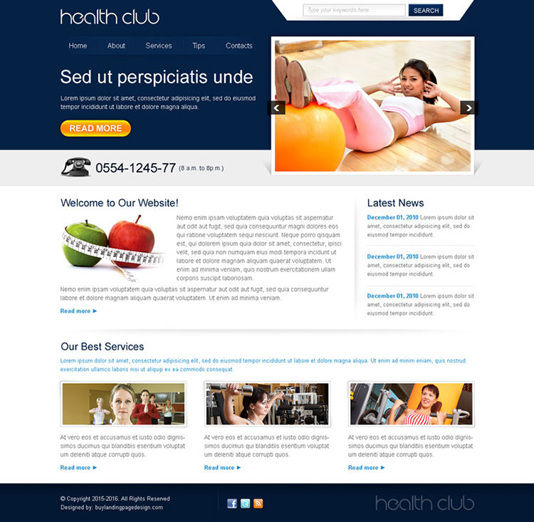 attractive health club website template design psd