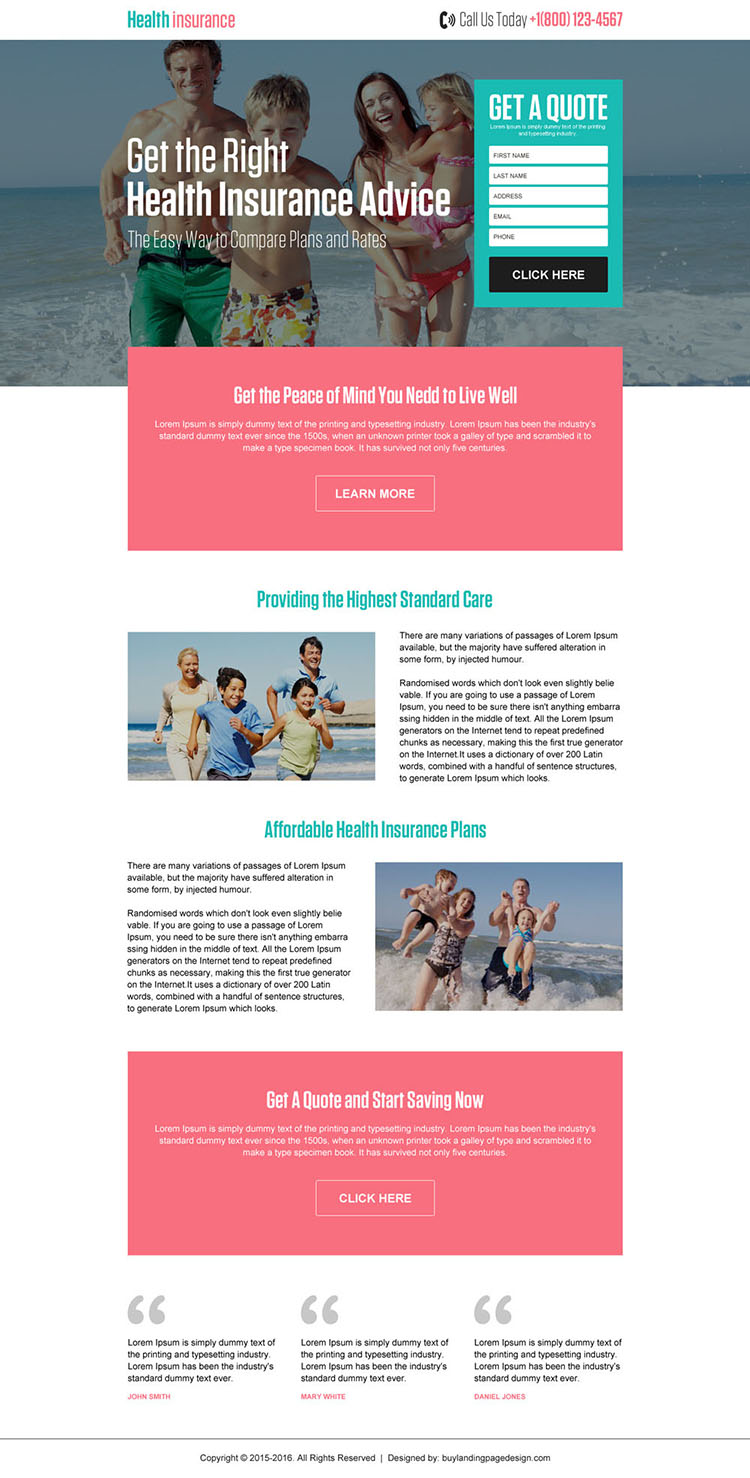 affordable health insurance plans free quote landing page