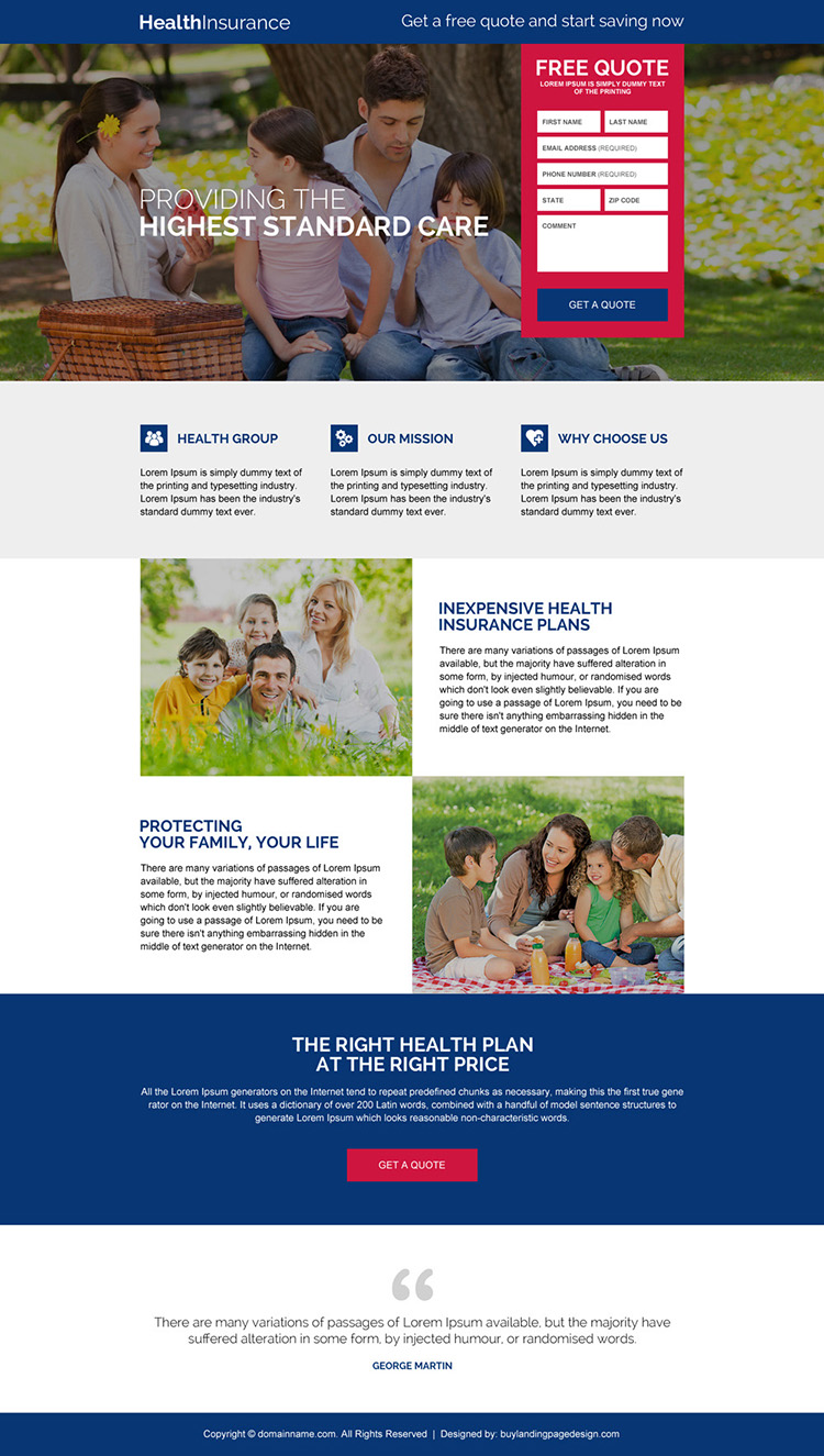 responsive health insurance free quote lead capturing landing page design