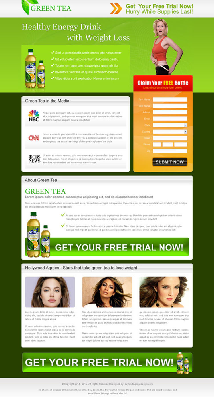 green tea healthy energy drink for weight loss landing page design for sale