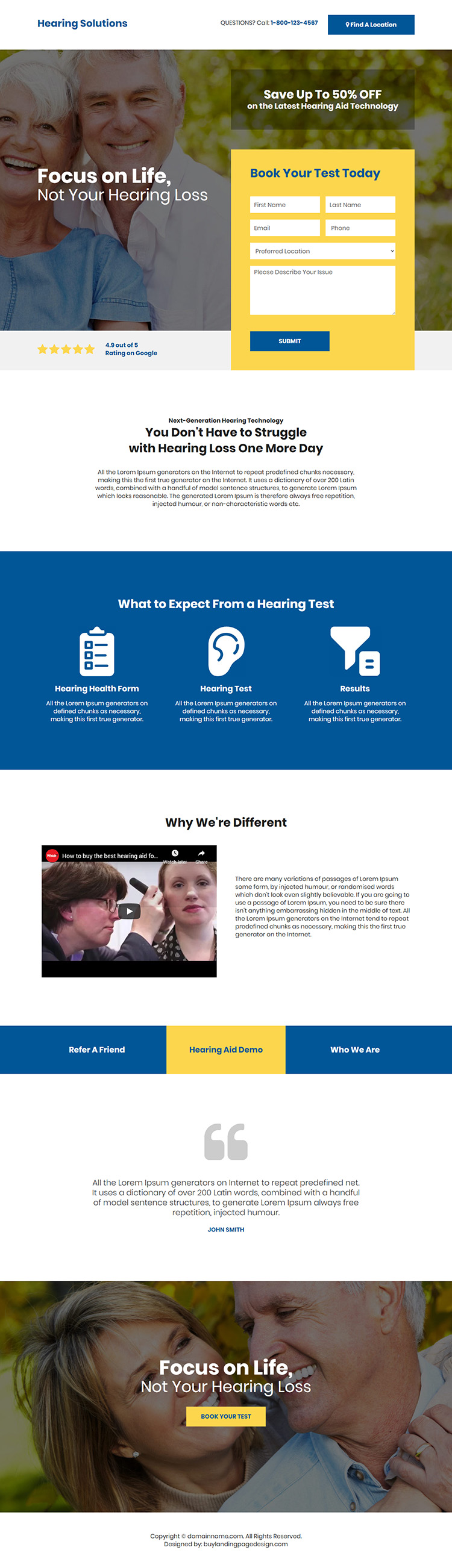 hearing solution test booking responsive landing page design