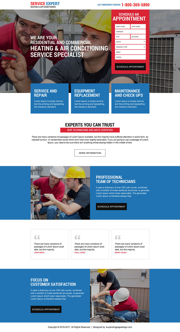 heating and air conditioning repair service responsive landing page design