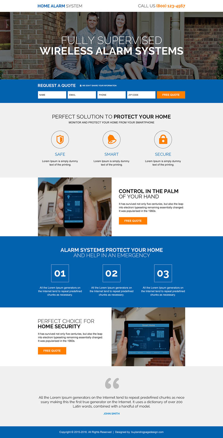 home alarm security system responsive landing page design