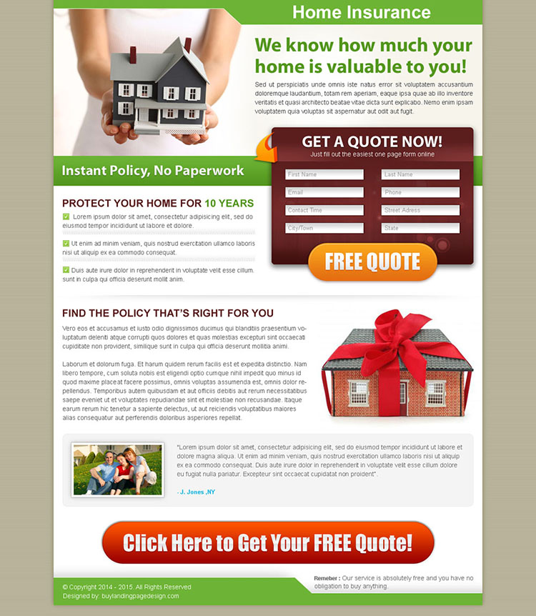 home insurance 2 column effective lead capture landing page design