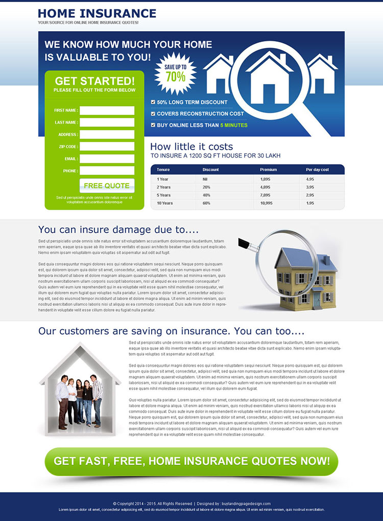 minimal home insurance fast and free quote lead gen splash page