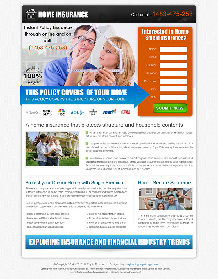 clean and converting home insurance policy lead capture landing page design