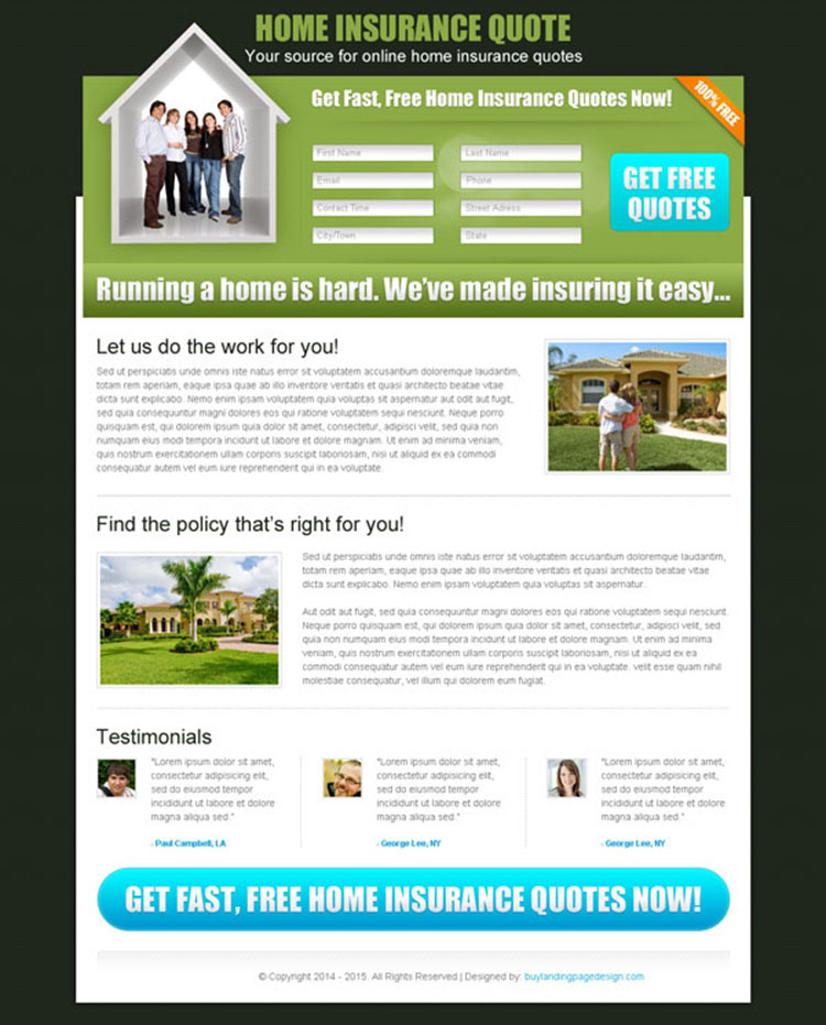 home insurance long lead capture landing page design for sale