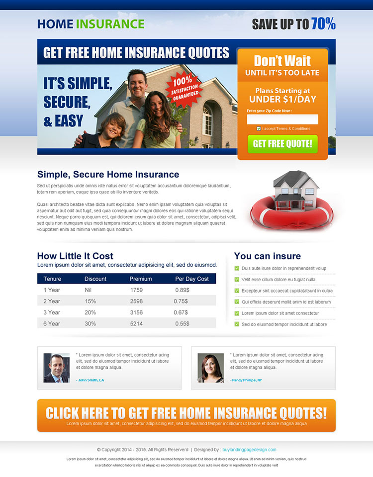 get home insurance free quote lead capture squeeze page