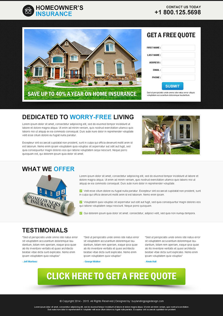 home owners insurance clean and minimal lead capture squeeze page design