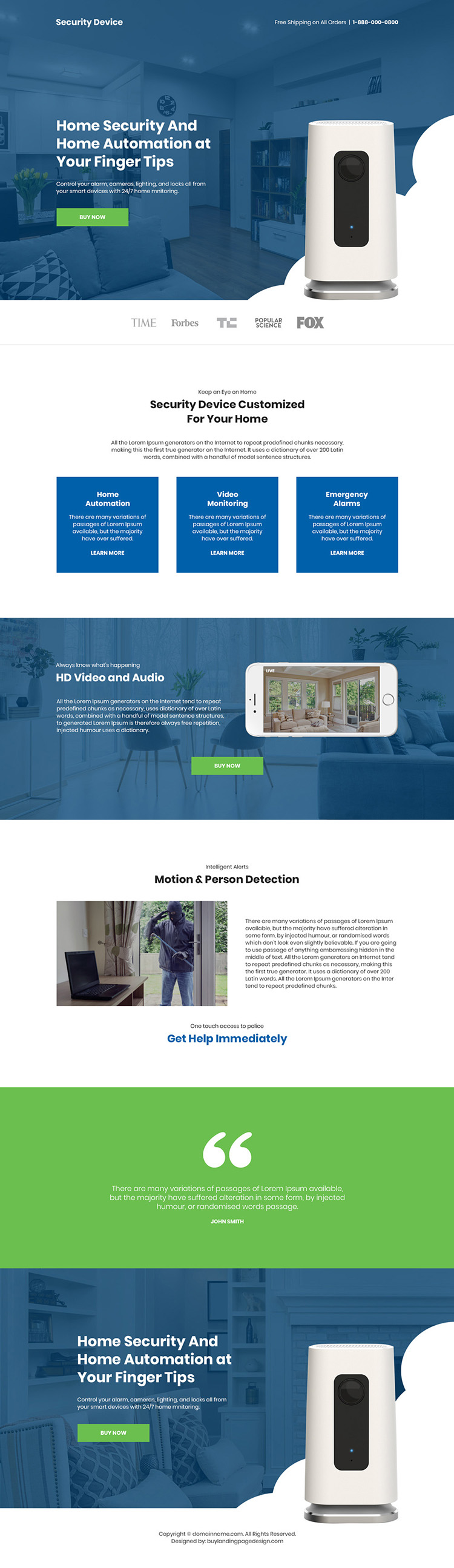 home security and automation device selling responsive landing page
