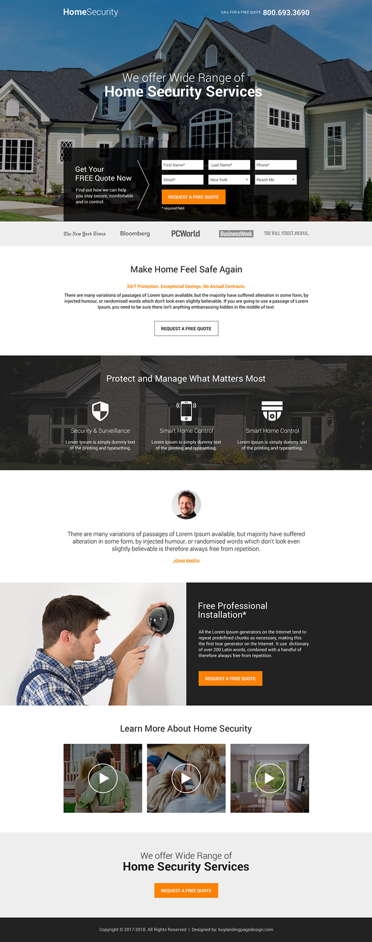 responsive home security service lead generating landing page