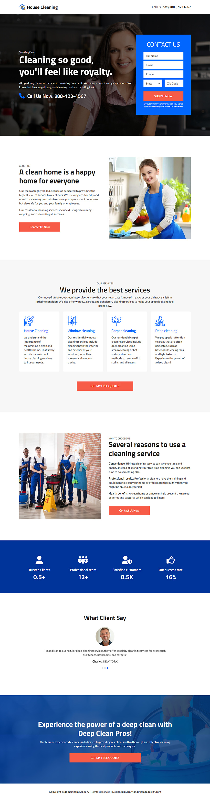 professional house cleaning service provider landing page