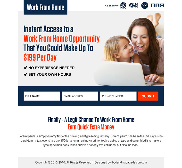 instant work from home opportunity ppv landing page design