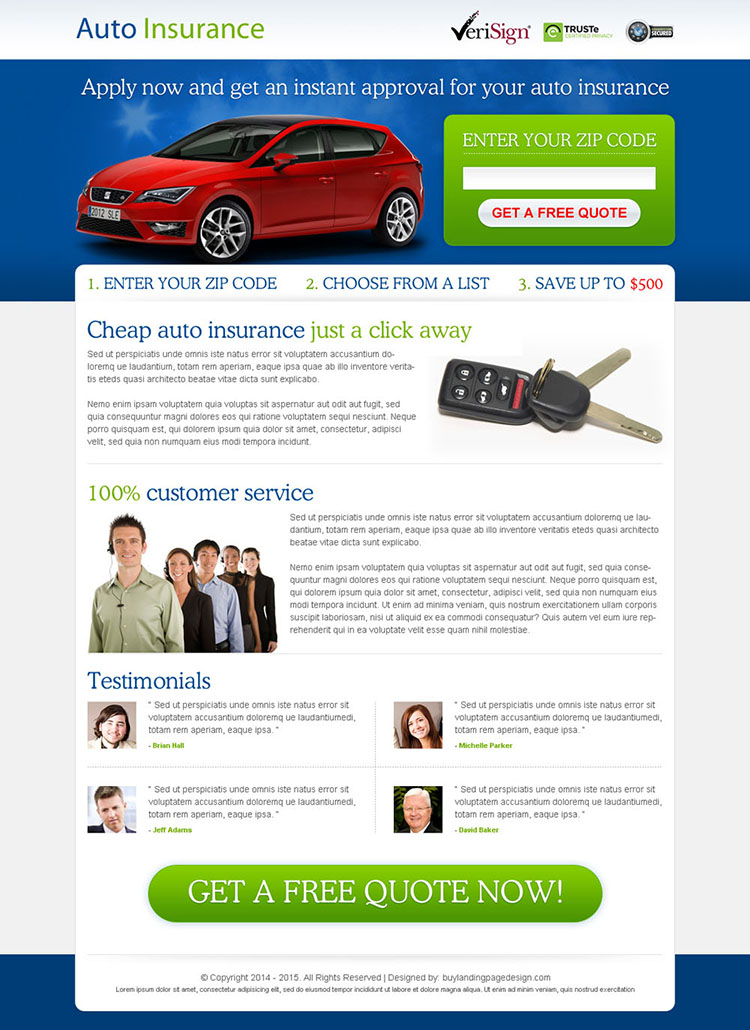 get instant approval on your auto insurance zip capture lead gen page design