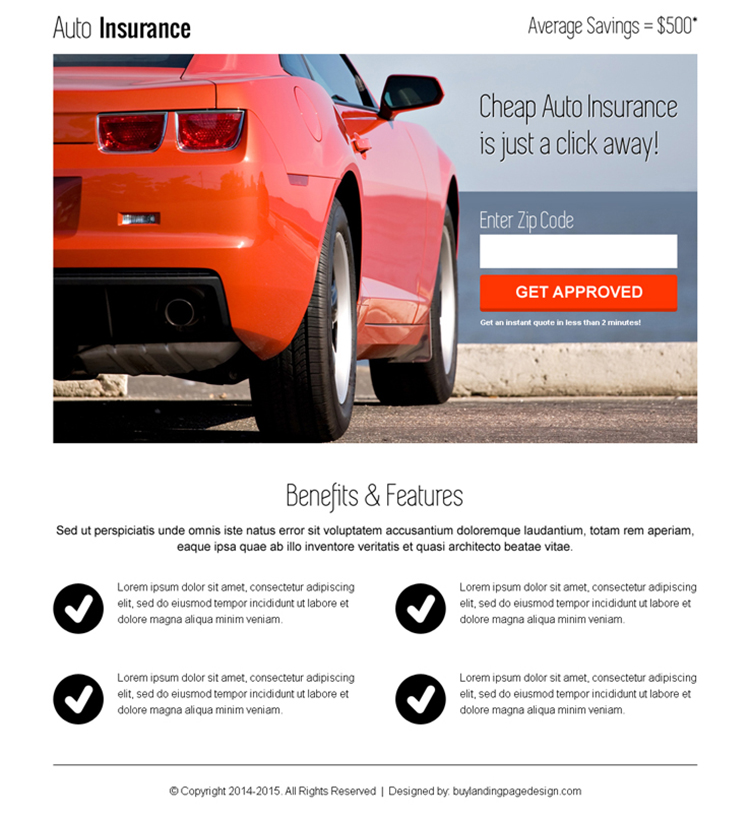 instant auto insurance zip capture clean responsive landing page