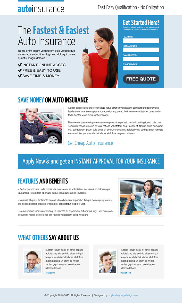 clean and effective instant auto insurance responsive lead capture landing page design