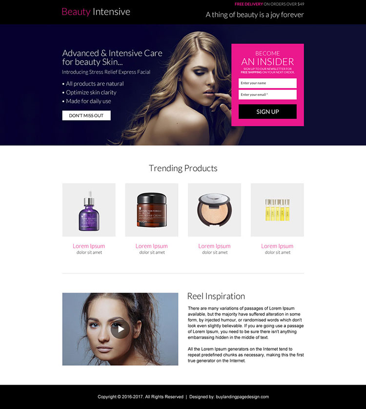 advance and intensive care beauty product landing page