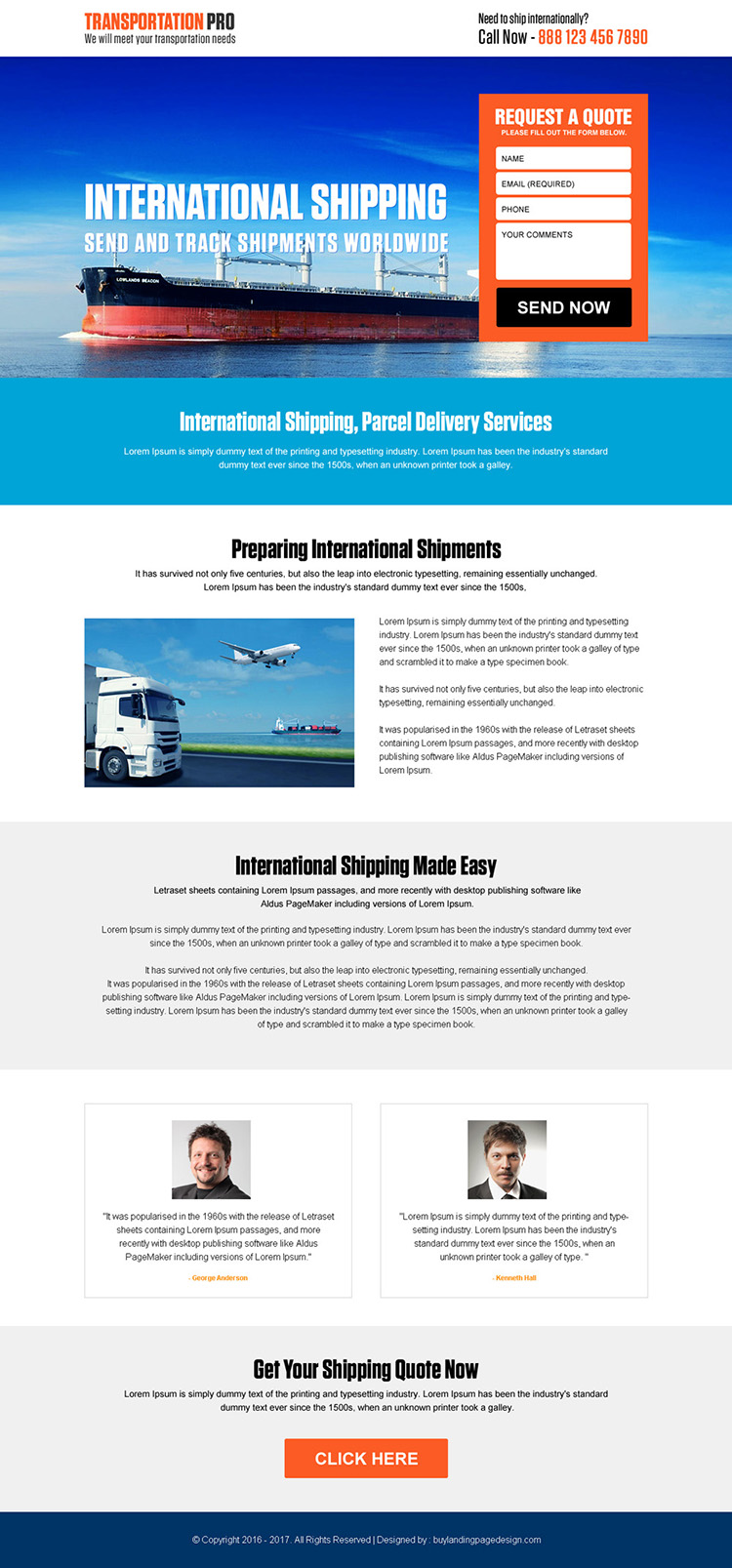 responsive international transportation service landing page